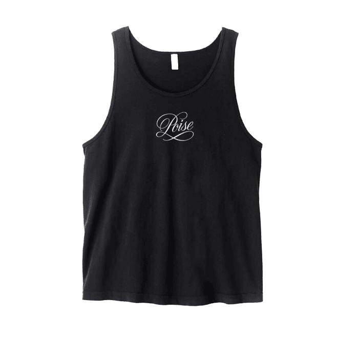 Black Clipper Cole tank top featuring elegant white Poise logo centered on the chest